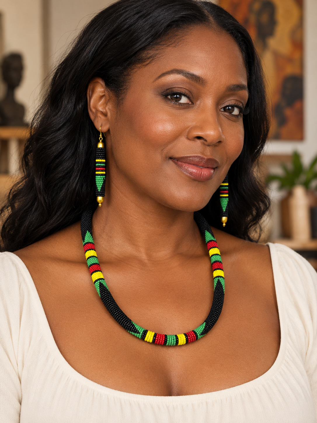 African Yellow, Red, Green & Black Beaded Necklace & Earrings Set