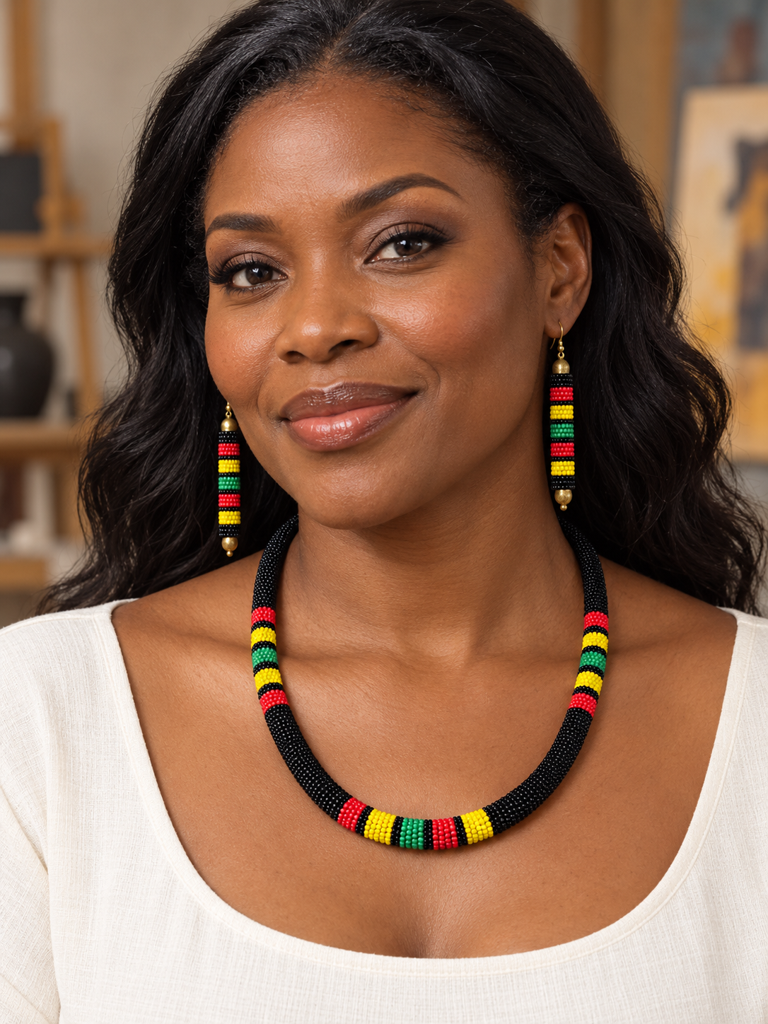 African Red, Yellow, Green & Black Beaded Necklace & Earrings Set