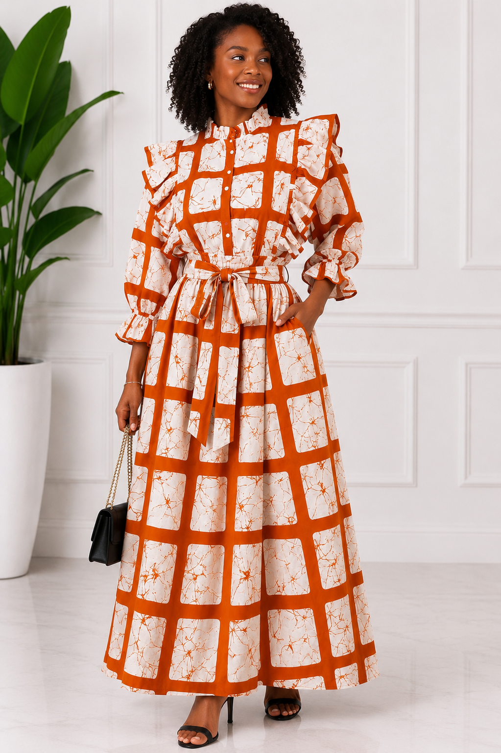 Stunning African Print Burnt-Orange-and-Cream Geometric Print Top and Maxi Skirt Set
