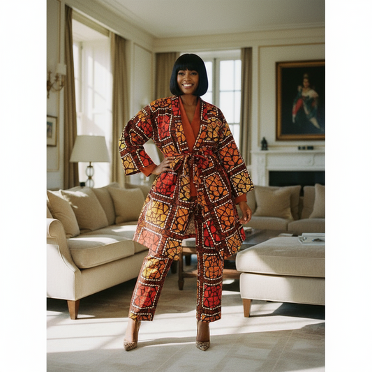 Women’s Red, Yellow, and Brown African Print 3-Piece Pants Set