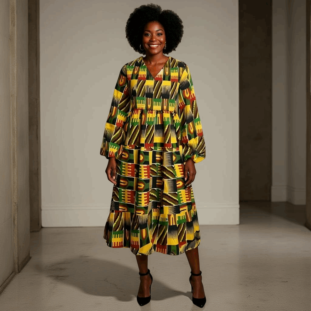 African Kente Print Long Full Sleeve Dress