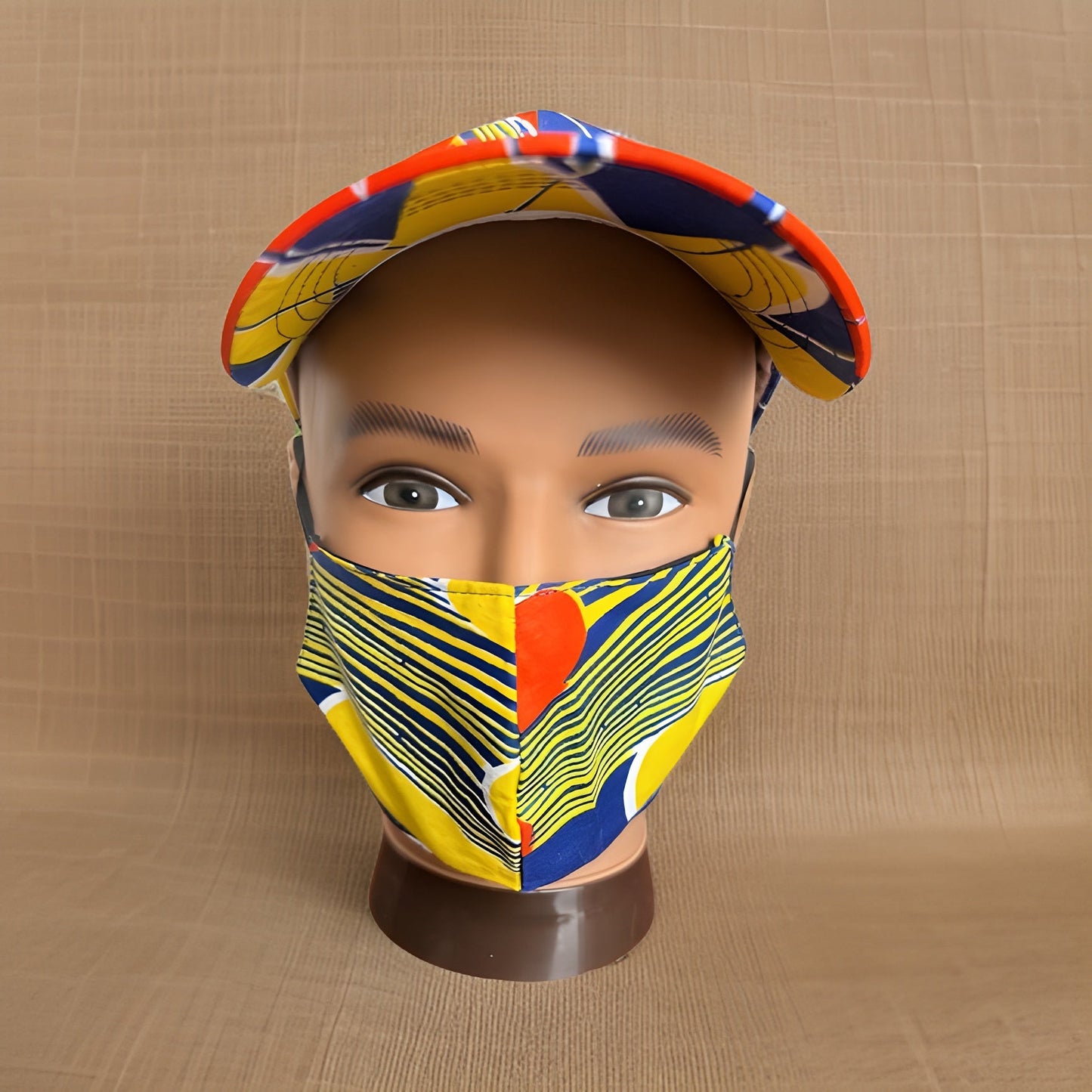 Blue/Yellow African Print Baseball Cap with Matching Mask - Premium African Accessories from MAGOS - Just $18! Shop this and more African Accessories now