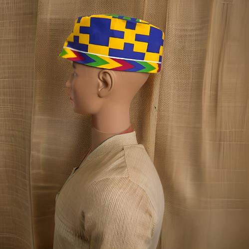 Blue Yellow Print Kente Unisex Kufi Hat - MAGOS