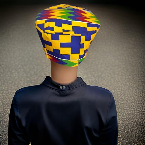 Blue Yellow Print Kente Unisex Kufi Hat - MAGOS