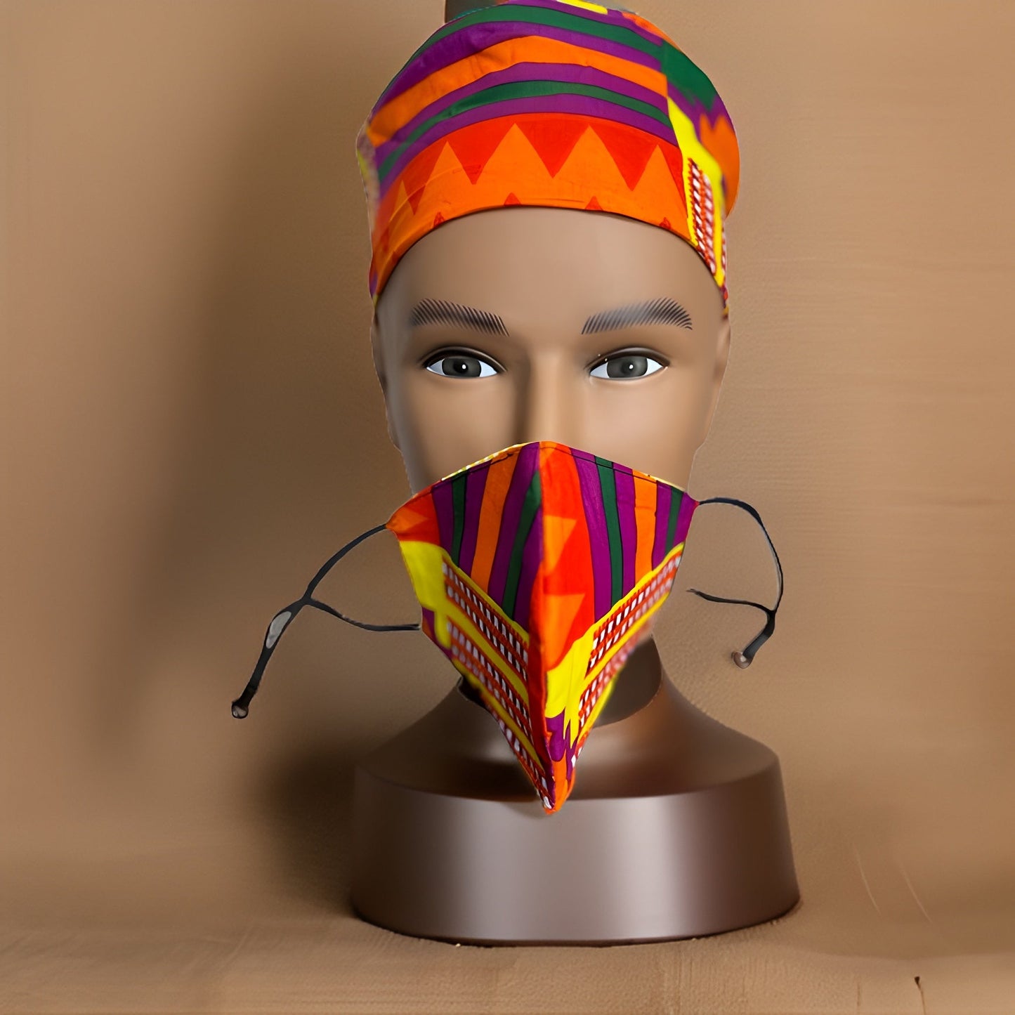 Bold Orange/Red Colorful Kente Print African Kufi Hat with Matching Mask - Premium African Accessories from MAGOS - Just $17.50! Shop this and more African Accessories now