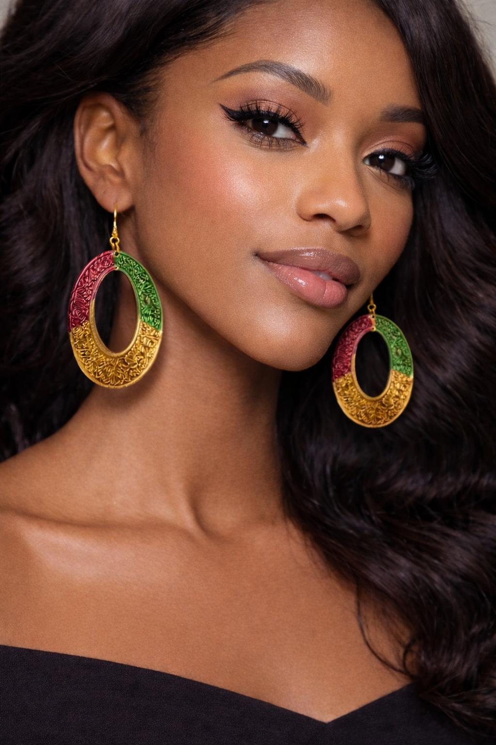 Tri-Color African Print Oval Cutout Statement Earrings