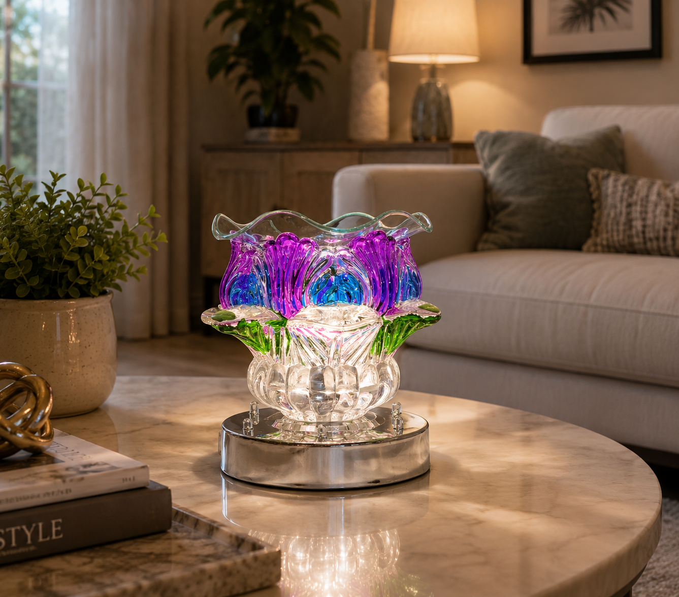 Colorful Crystal Lotus Oil Burner Lamp