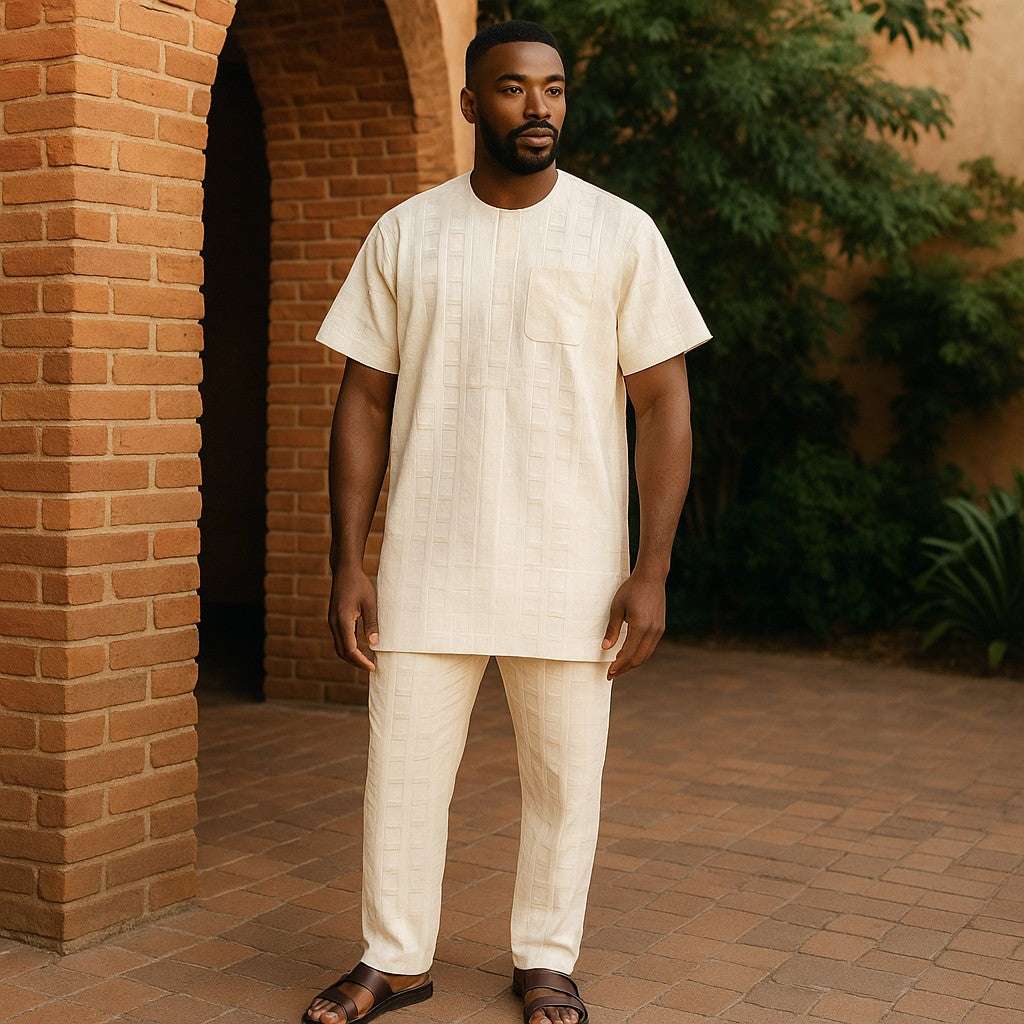 Authentic Men's 2pc Solid Cream Print African Pants Set