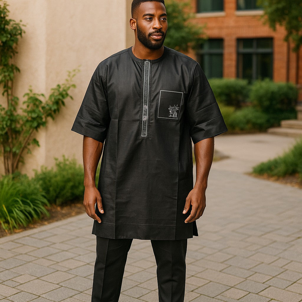 Authentic Men's 2pc Solid Black Print African Pants Set