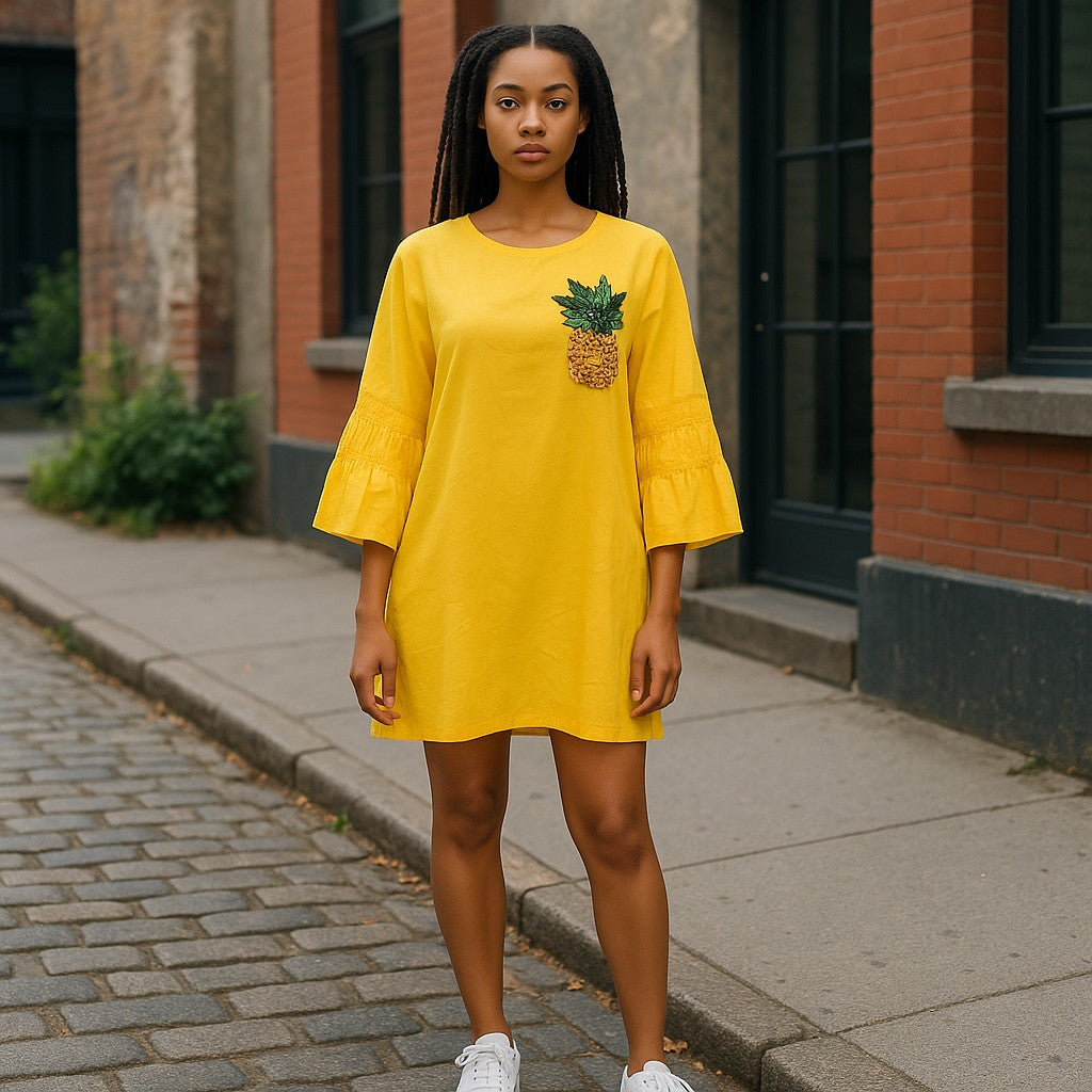 Yellow Embroidered Bell Sleeve Mini Dress