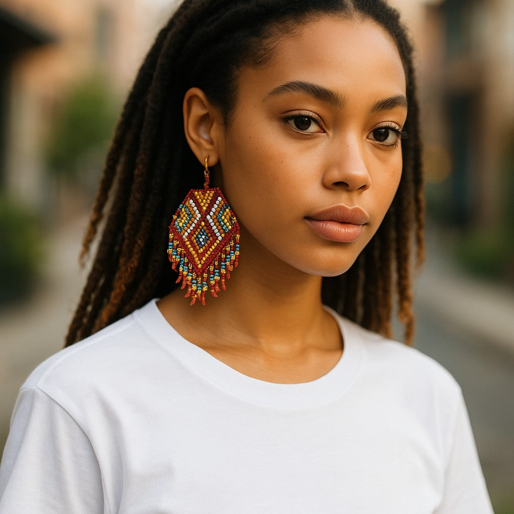 Multicolor Beaded Long Drop Tassel Hook Earrings