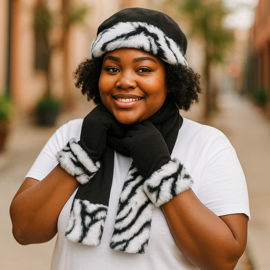 Faux Fur Trim Fleece Scarf, Hat, & Gloves 3pc Set