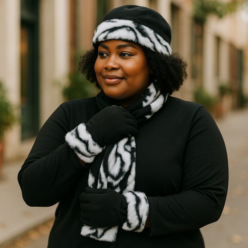Faux Fur Trim Fleece Scarf, Hat, & Gloves 3pc Set