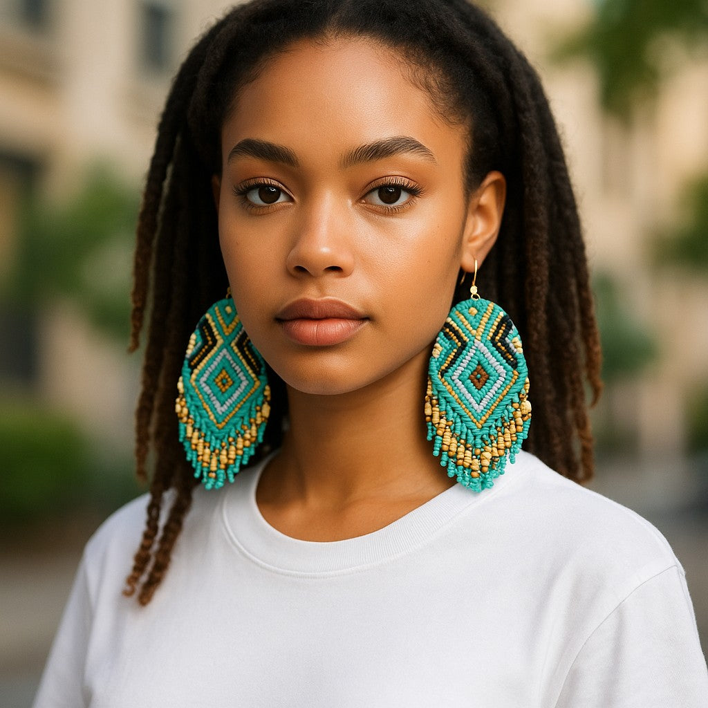 Multicolor Beaded Long Drop Tassel Hook Earrings