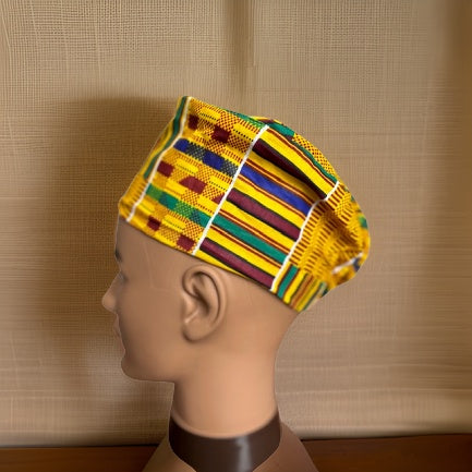 Green/Yellow/Gold Style1 Kente Print African Kufi Hat with Matching Mask - Premium African Accessories from MAGOS - Just $17.50! Shop this and more African Accessories now