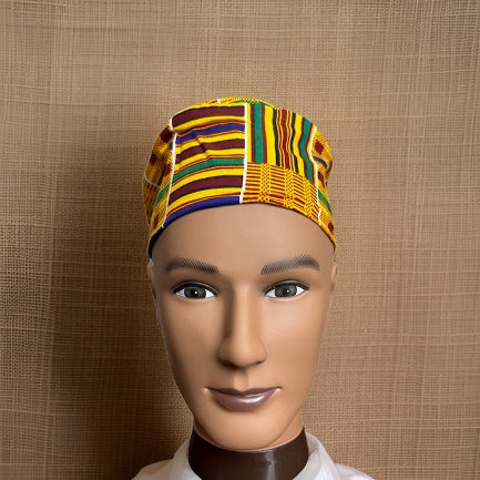 Green/Yellow/Gold Style1 Kente Print African Kufi Hat with Matching Mask - Premium African Accessories from MAGOS - Just $17.50! Shop this and more African Accessories now