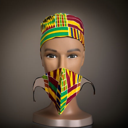 Green/Yellow/Red/ Kente Print African Kufi Hat with Matching Mask - Premium African Accessories from MAGOS - Just $17.50! Shop this and more African Accessories now