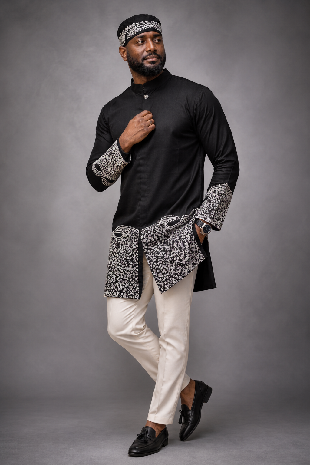 Men's African Solid Black Border Print Long Blazer Jacket