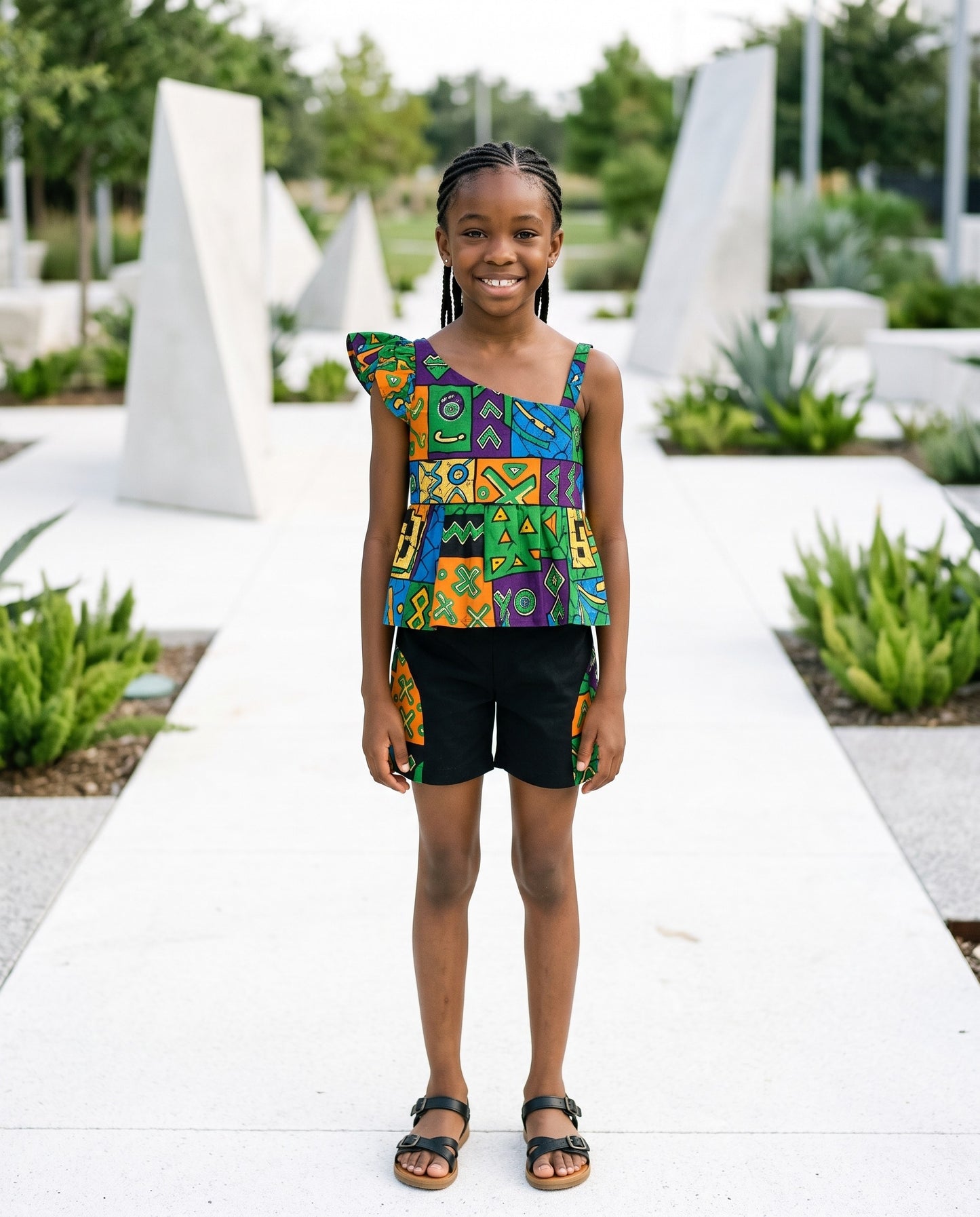 Girls One-Shoulder Green Orange African Print Shorts Set