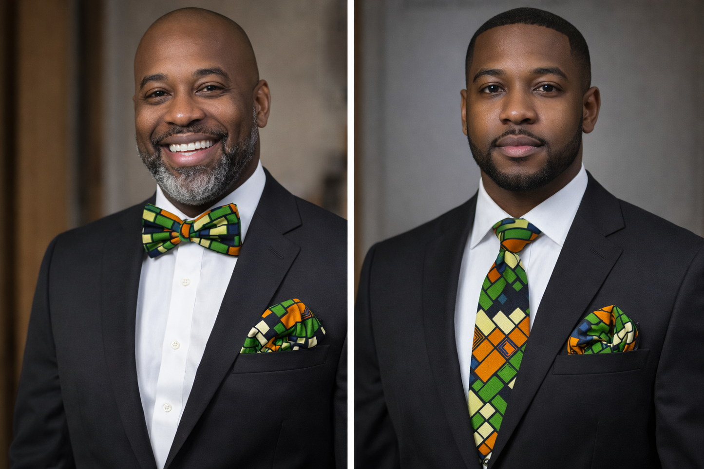 Emerald Kente-Inspired Bow Tie & Necktie Set with Matching Pocket Square
