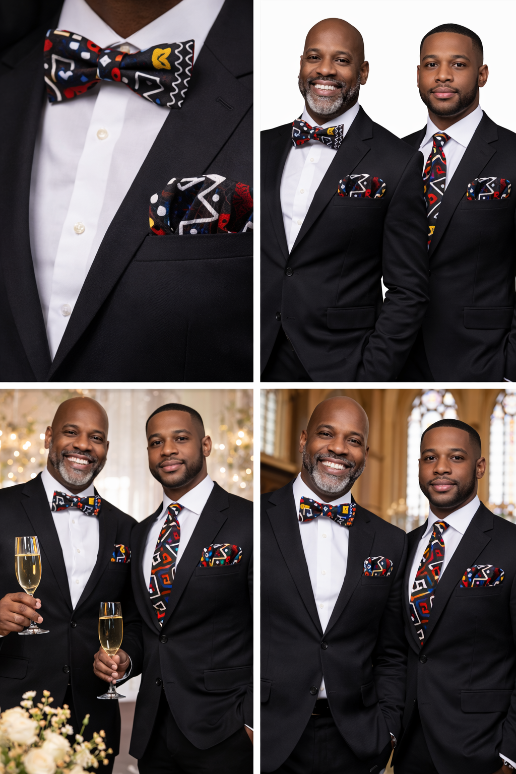 Royal Midnight Gold Accent African Print Bow Tie & Necktie Set with Matching Pocket Square