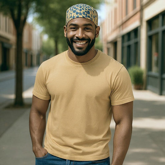 Men's Gold Navy Print Kufi Hat