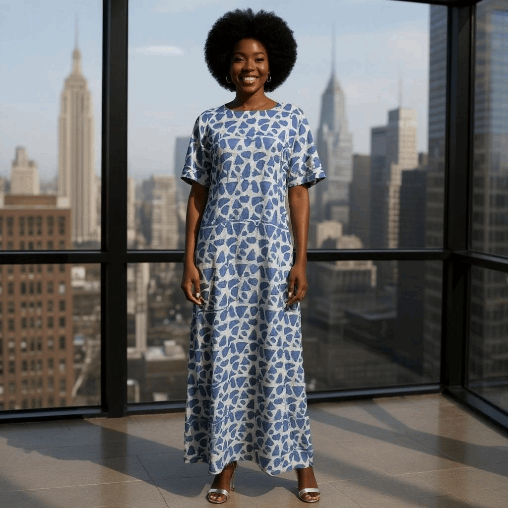African Soft Blue Multi-Color Print Maxi Dress (Size 12)