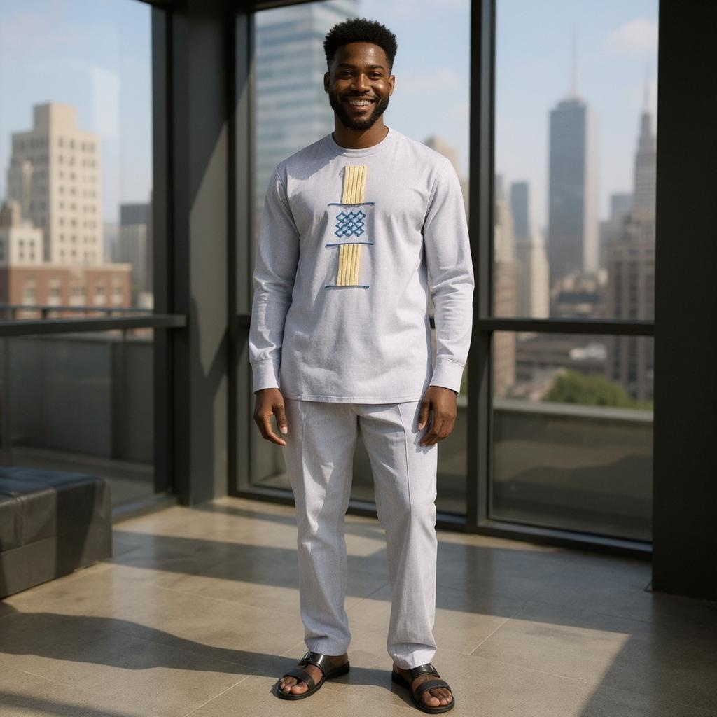 Men's Light Blue High Quality African 2pc Pants Set
