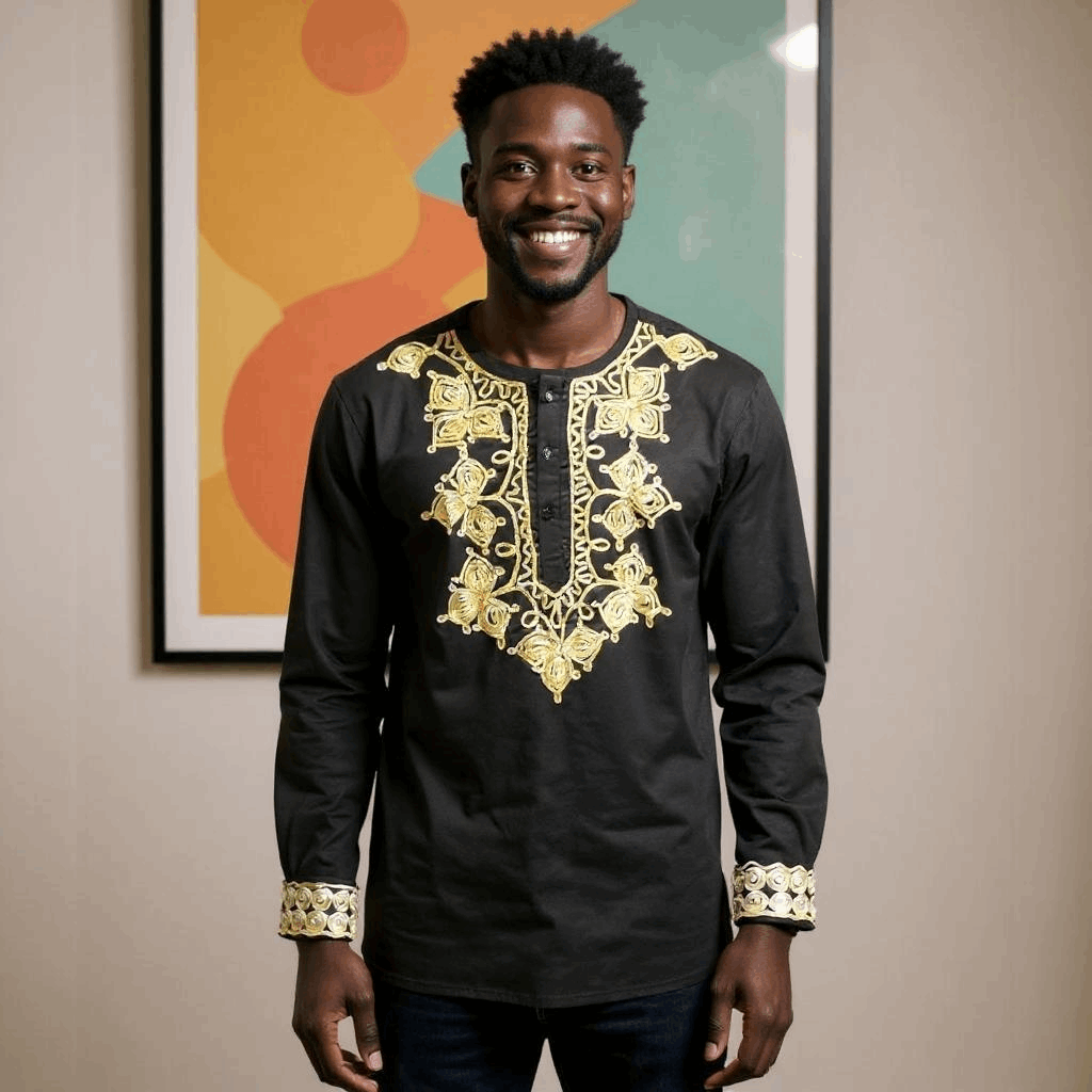 Men's African Black Embroidered Print Shirt