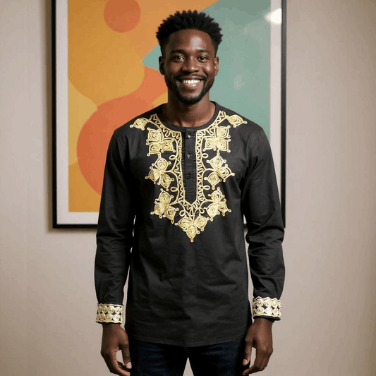 Men's African Black Embroidered Print Shirt