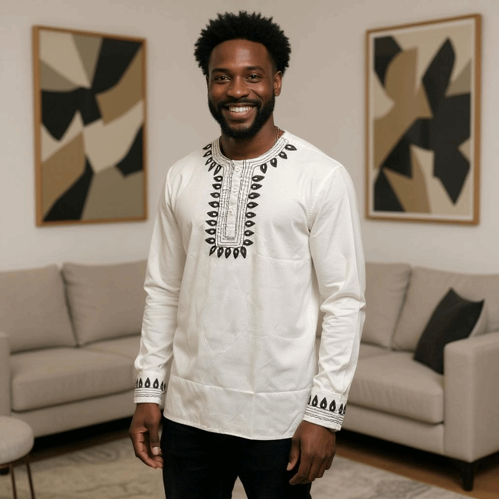 Men's White African Black Embroidered Print Shirt