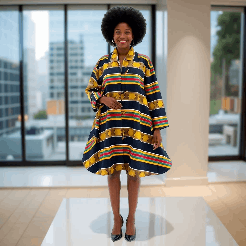 African Print Big Button Multitone Kente Print Dress