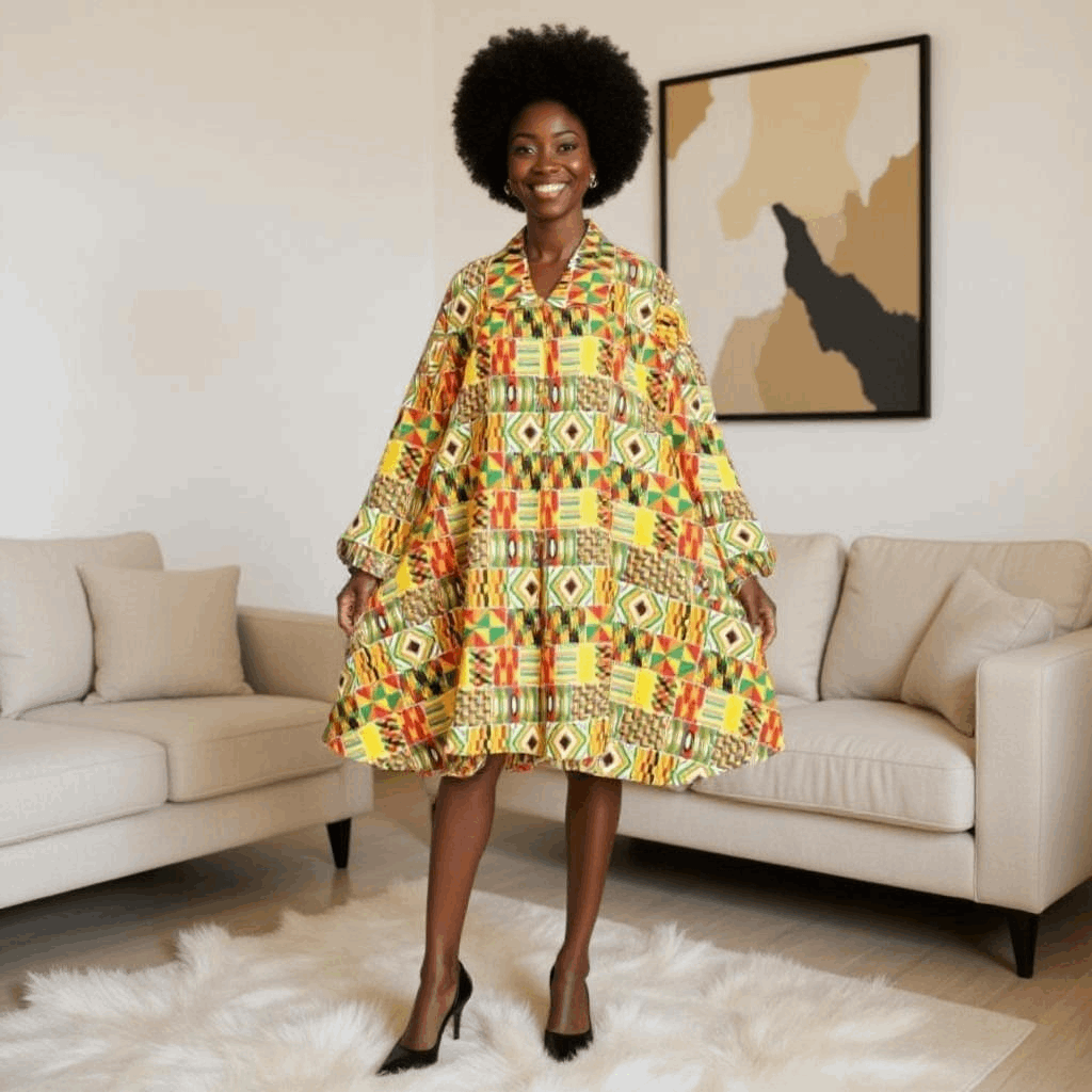 Authentic African Orange Kente Print Big Button Tunic Short Dress Blouse Top