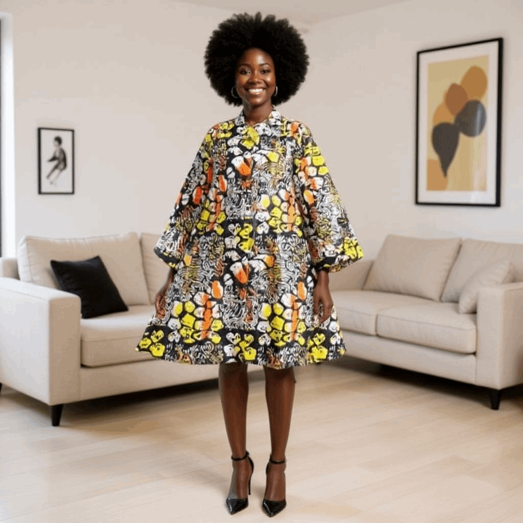 Authentic African Print Big Button Tunic Short Dress Blouse Top