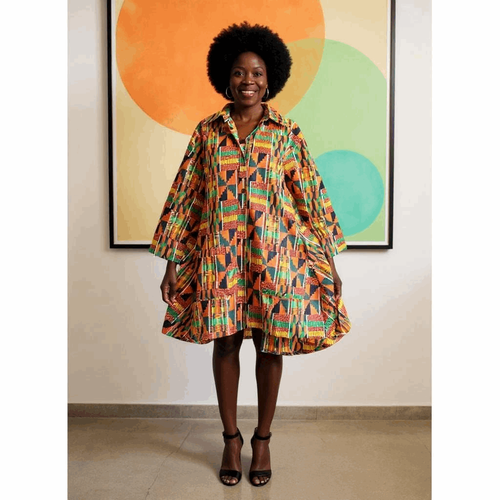 African Print Big Button Orange Kente Print Dress