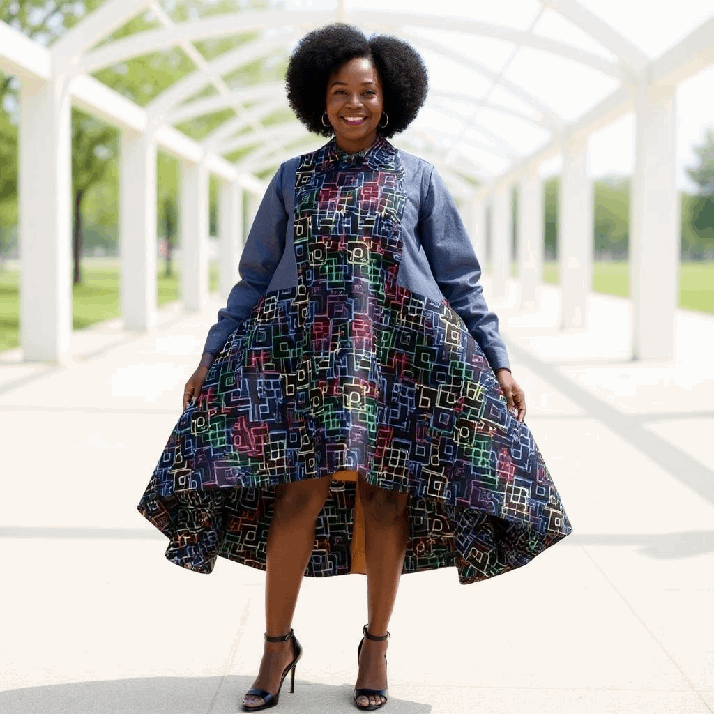 Authentic African Denim & Printed Button Down Tunic Dress