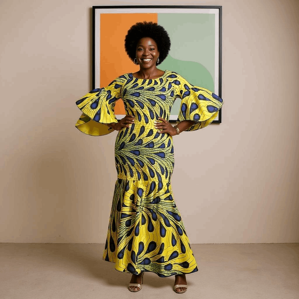 Women's African Yellow Peacock Print Smock Mermaid Maxi Dress