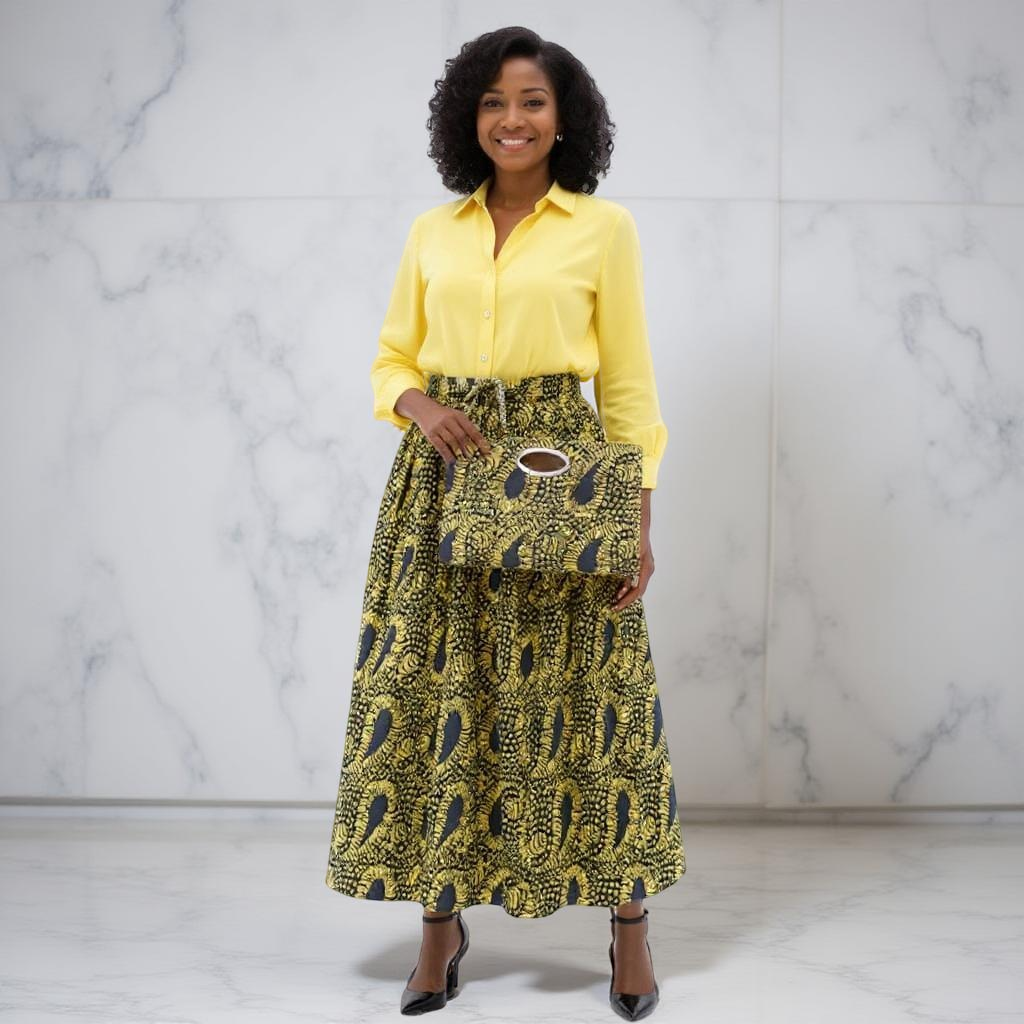 African Yellow Ankara Print Long 8 Panel Skirt & Handbag Set