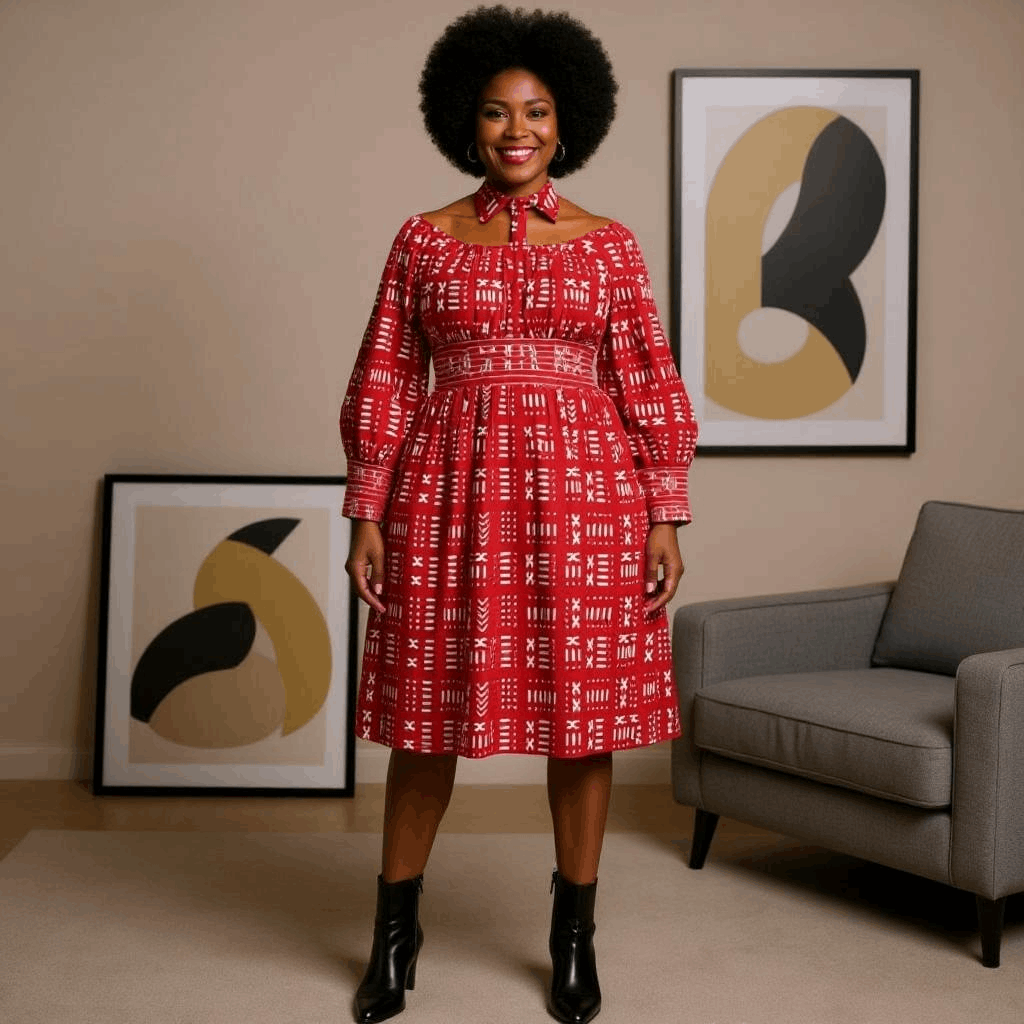 Women's African Print Long Sleeve Midi Dress with Choker Tie
