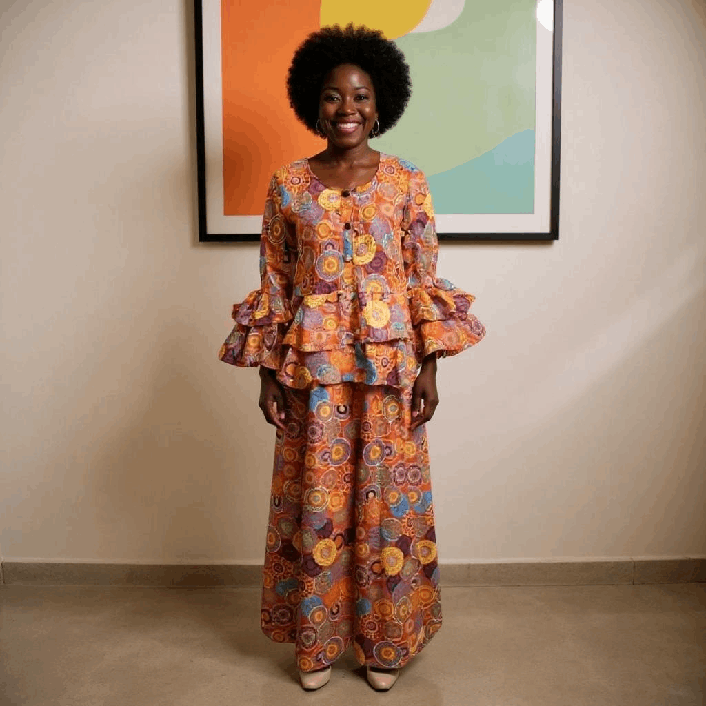 African Style Ankara Orange Circular Print Top & Skirt Set