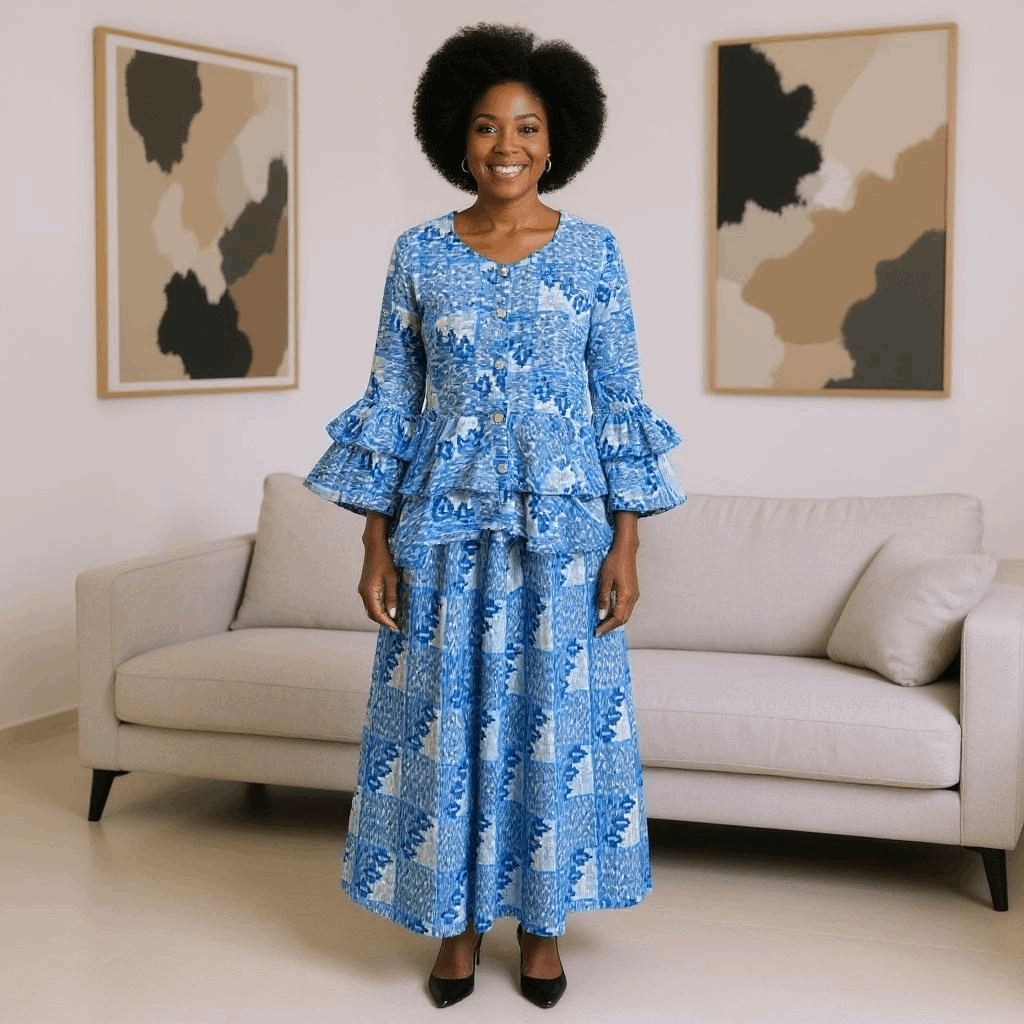 African Style Light Blue Print Top & Skirt Set