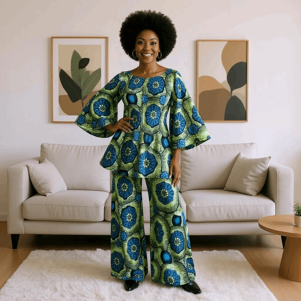Women's Green Floral African Print Smock Pants Set