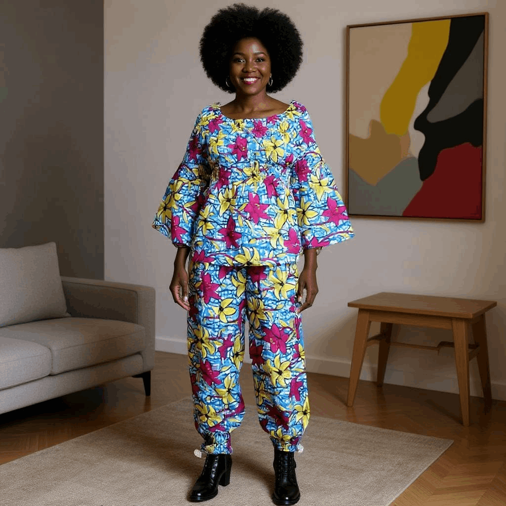 Women's Blue/Pink Multi-Floral African Print Pants Set