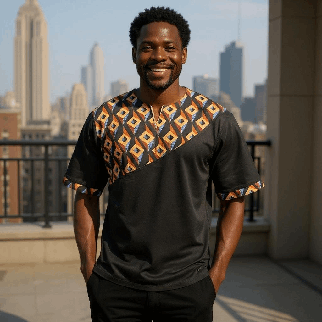 Black Geometric Print Short Sleeves Dashiki Shirt