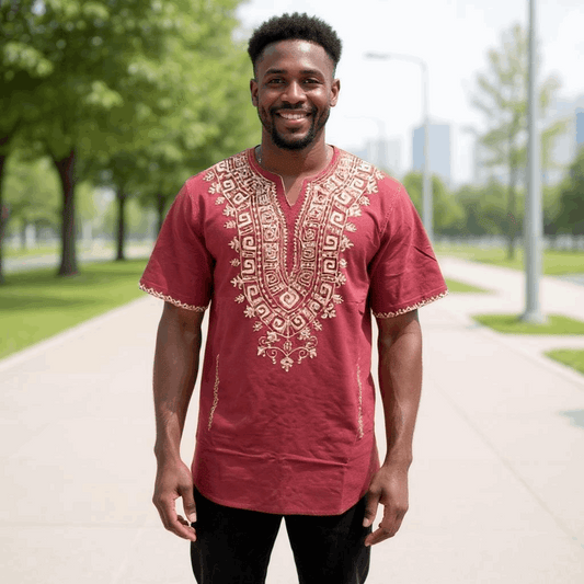 Maroon Gold Embroidered Short Sleeves Dashiki Shirt