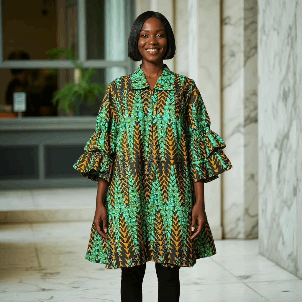 Authentic African Green Striking Leaf Print Big Button Dress/Top