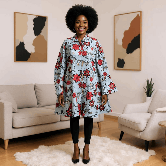 Authentic African Red Floral Print Big Button Tunic Short Dress Blouse Top