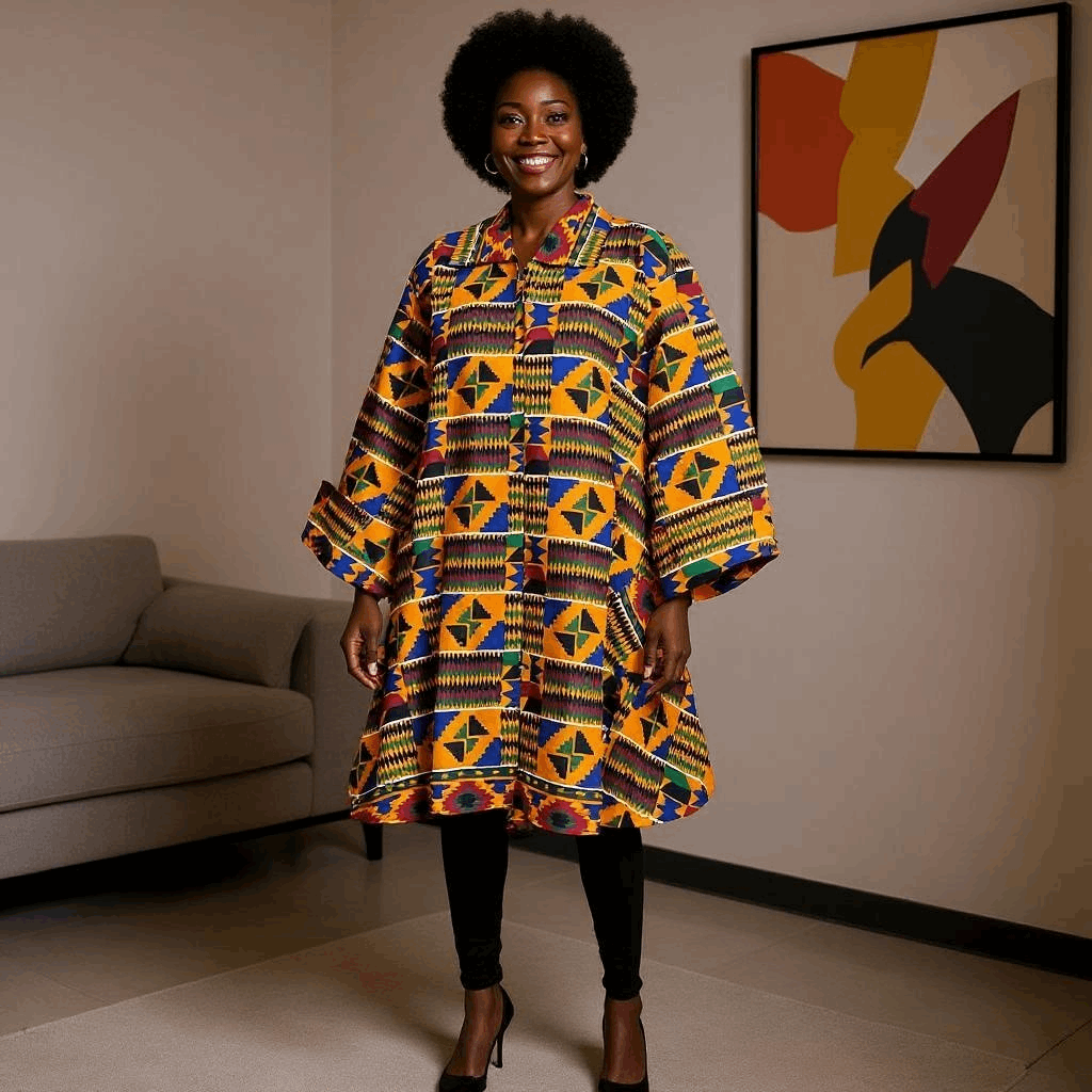 Authentic African Kente Print Big Button Tunic Short Dress Blouse Top
