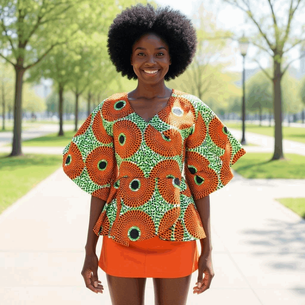 Women's African Orange Disc Print Short Wrap Top