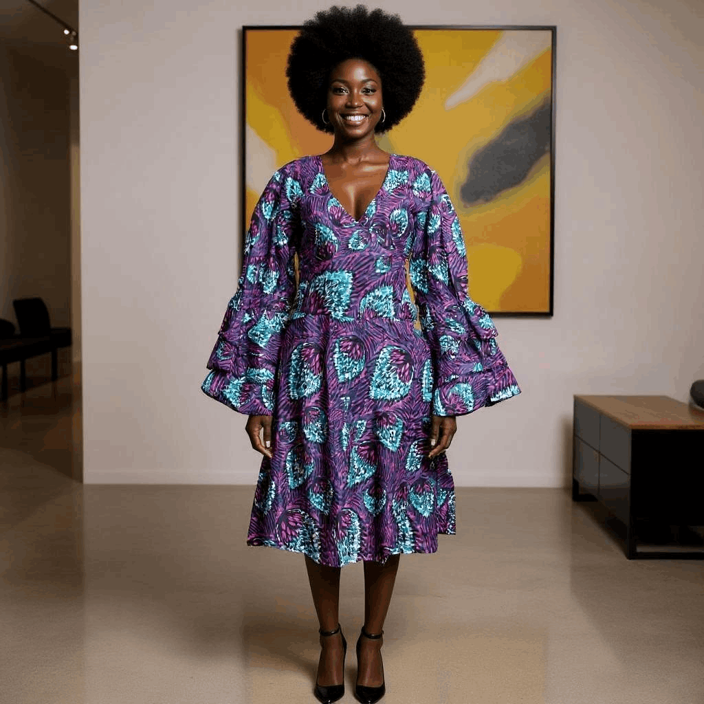 Women's African Purple Teal Print Short Wrap Dress